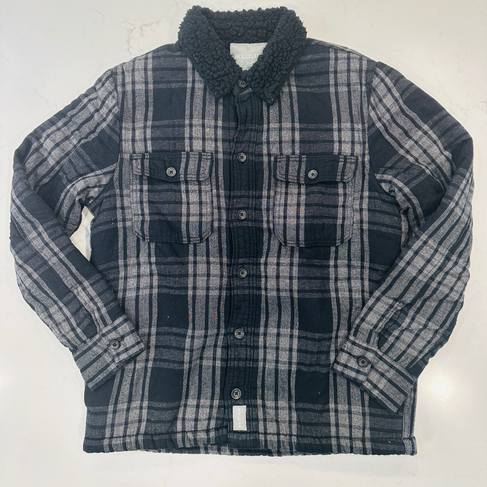 Hollister Black and Gray Plaid Shirt Jacket